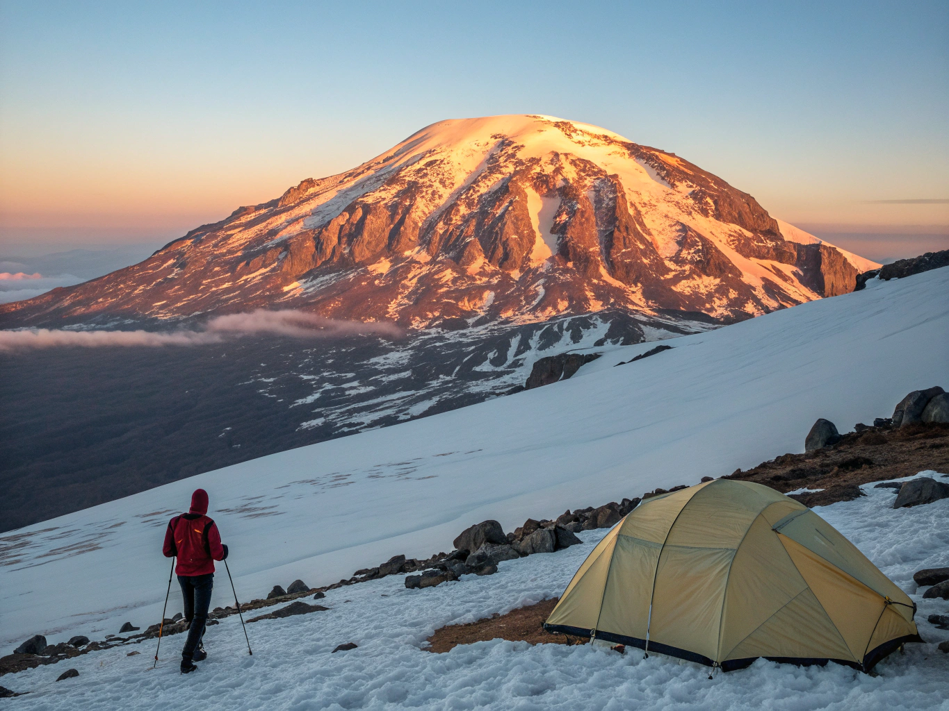 High altitude expedition tent and technical mountaineering apparel in snowy alpine ridge